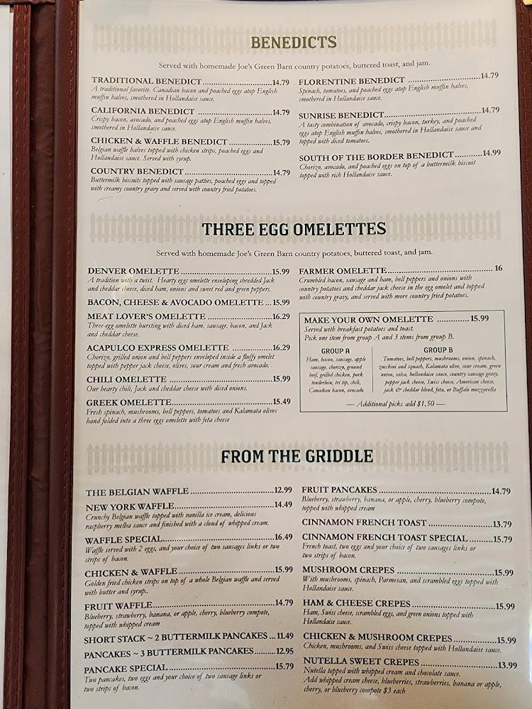 Joe's Green Barn Restaurant Menu image 1
